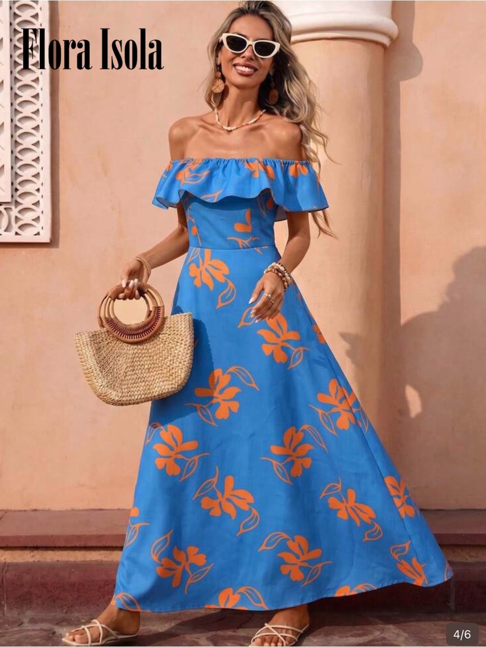 Blue Off-Shoulder Floral Maxi Dress